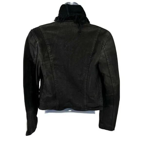 Free People Black Moto Jacket Coat Size 2 Front Drape Coated Denim Jean